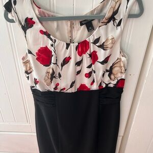 White House Black Market Black and Red Floral Midi Dress with Detailed Bustline